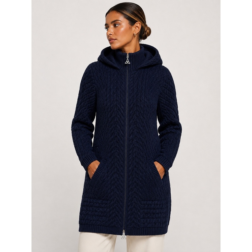 Aran Crafts Ireland Navy Blue 100% Merino Wool Hooded Cable Knit Cardigan Coat L
